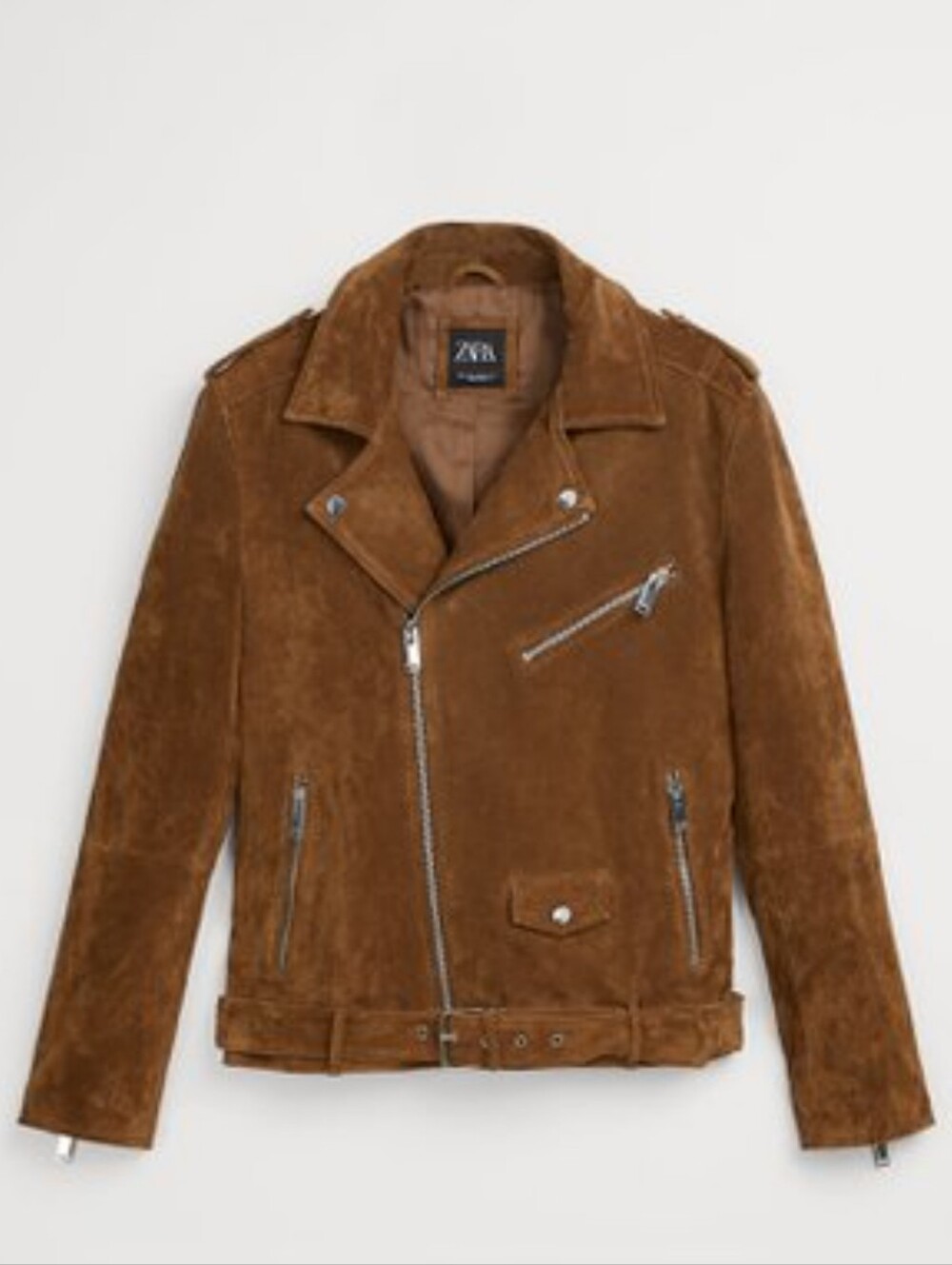 Zara tan suede biker jacket with silver zippers. Unisex, Medium Size